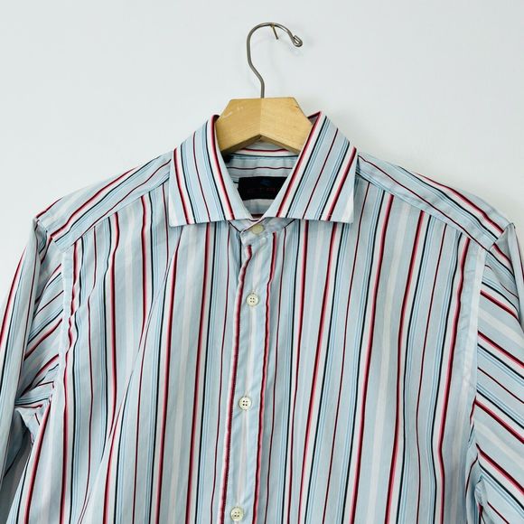 Etro Shirt M UK Blue Red Striped Cotton Tailored Long Sleeve Logo Classic - Picture 3 of 12